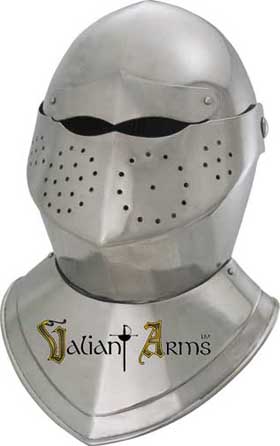 This classic full size bascinet knight helmet from the 17th century with round top design deflected blows minimizing a direct strike in battle. This fine visored Knights helmet is skilfully handcrafted of 18 gauge steel. Full size for wear.