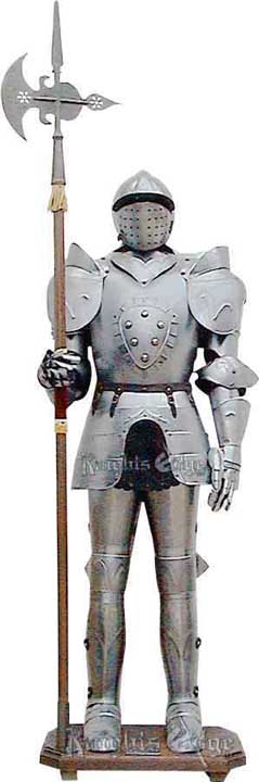 Stainless aluminum suit of armor display. Handmade in Italy.  Life size beautiful suit of armor.  Complete with halberd and stand.